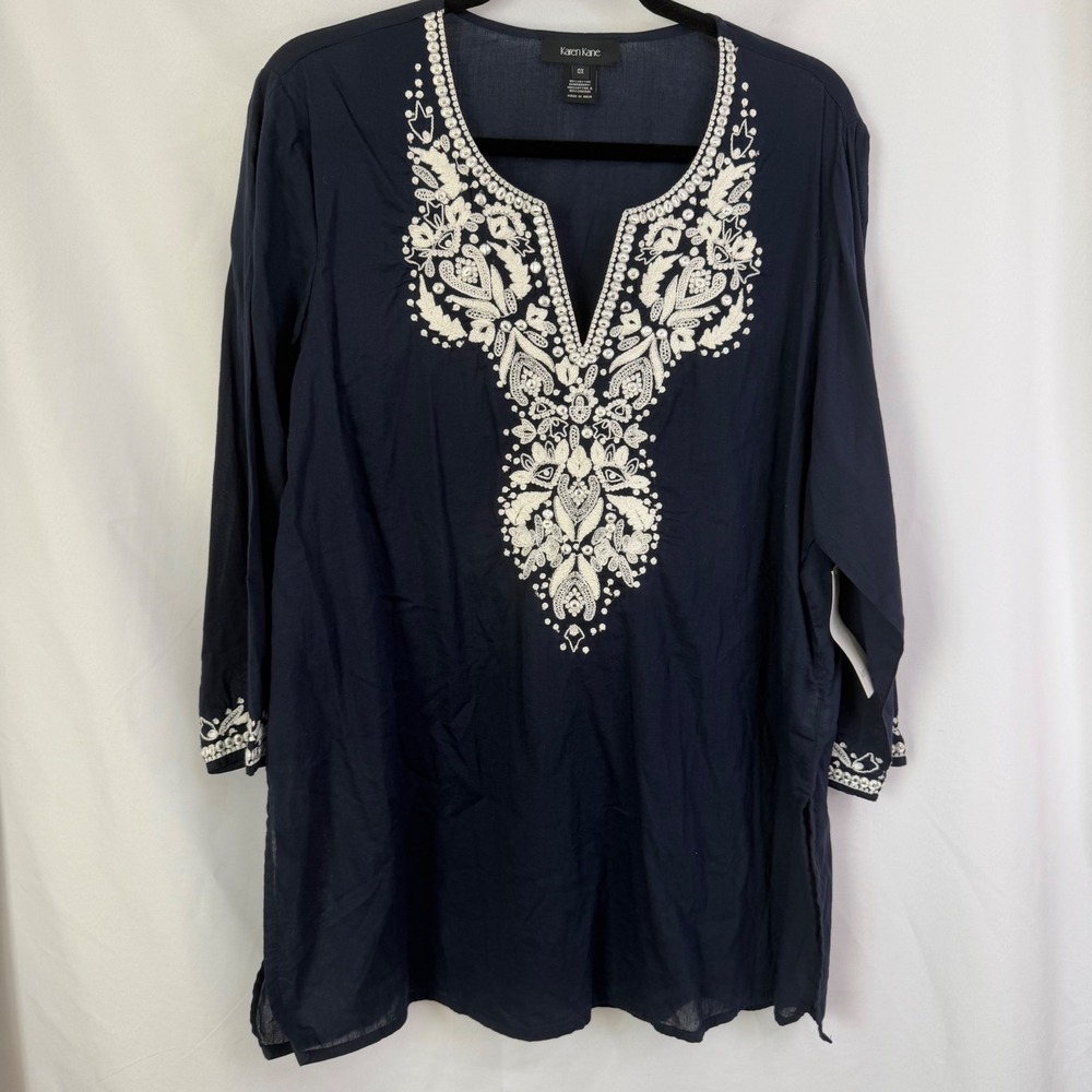 Karen Kane‎ Embroidered Tunic Top Navy Blue 0X NWT Luxury Boho Chic $158 - Picture 2 of 9